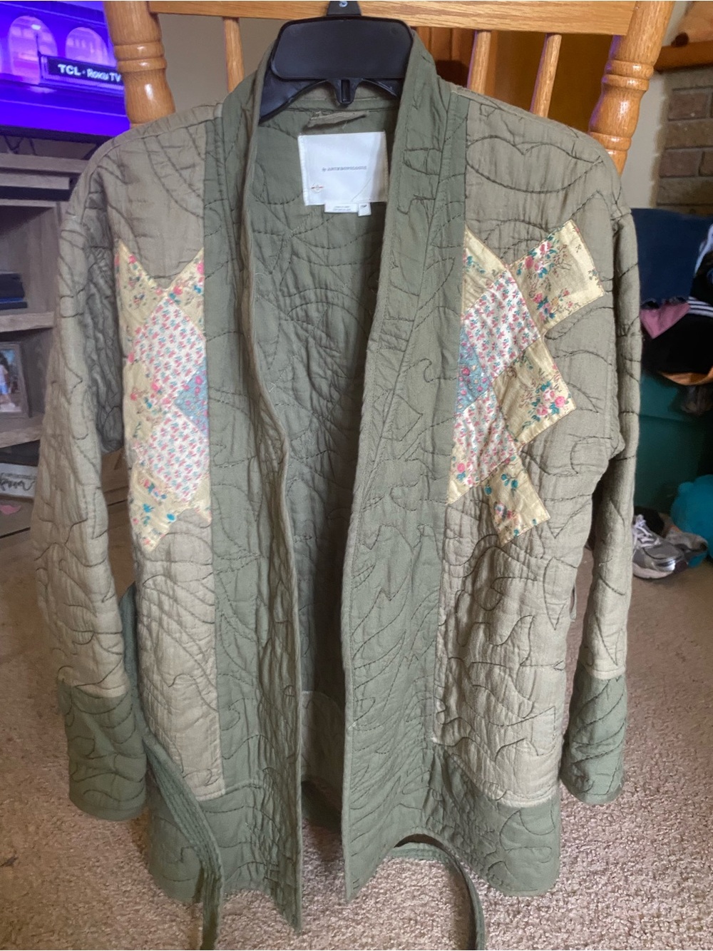 Anthropologie Quilted Patchwork Kimono Jacket Olive XSP Read